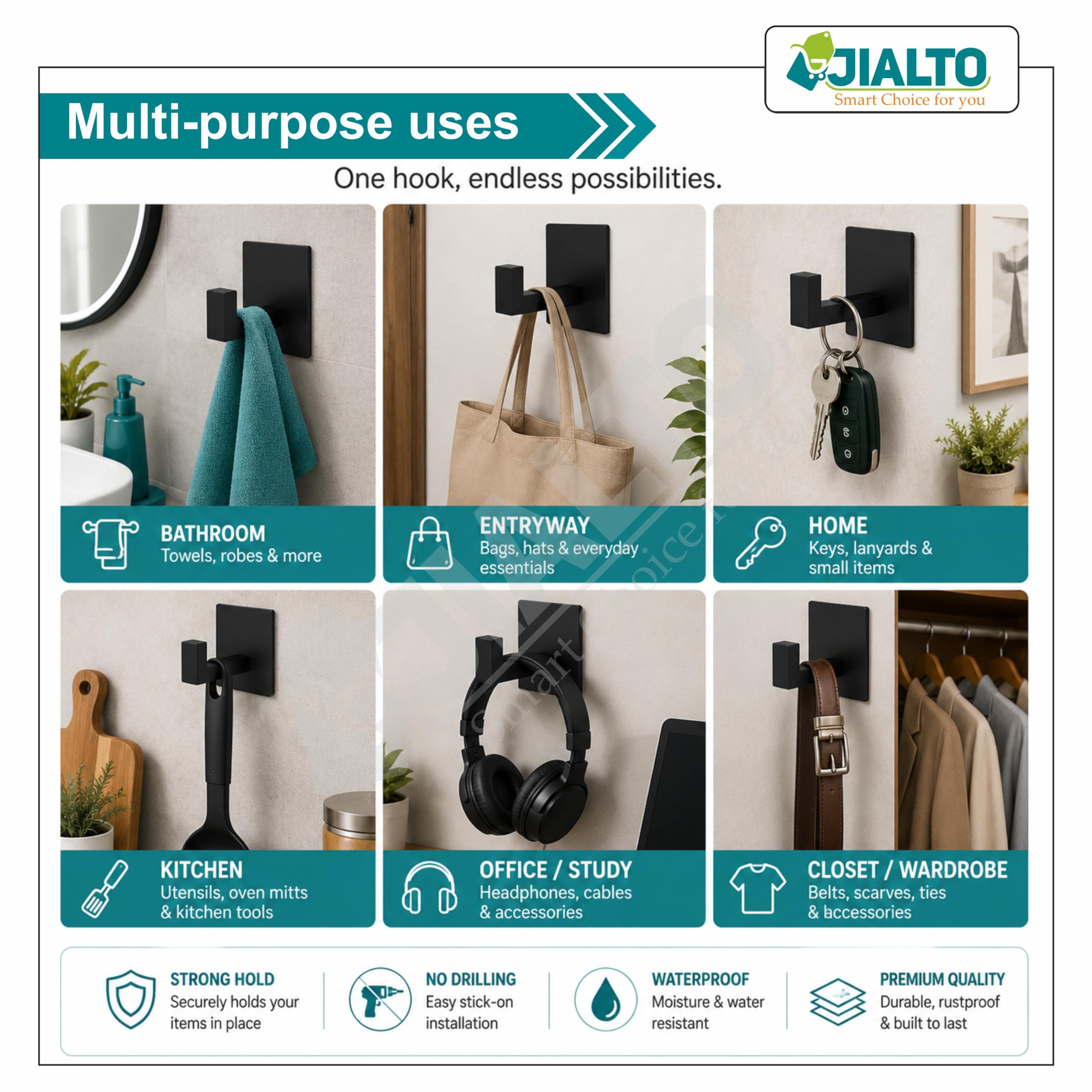 JIALTO 6 pcs Self-Adhesive Hooks: Heavy-Duty Waterproof Stainless Steel for Drilling-Free Wall Mounting - Ideal for Strong Coat, Kitchen, and Bathroom Towel Hanging (Matt Black) 3