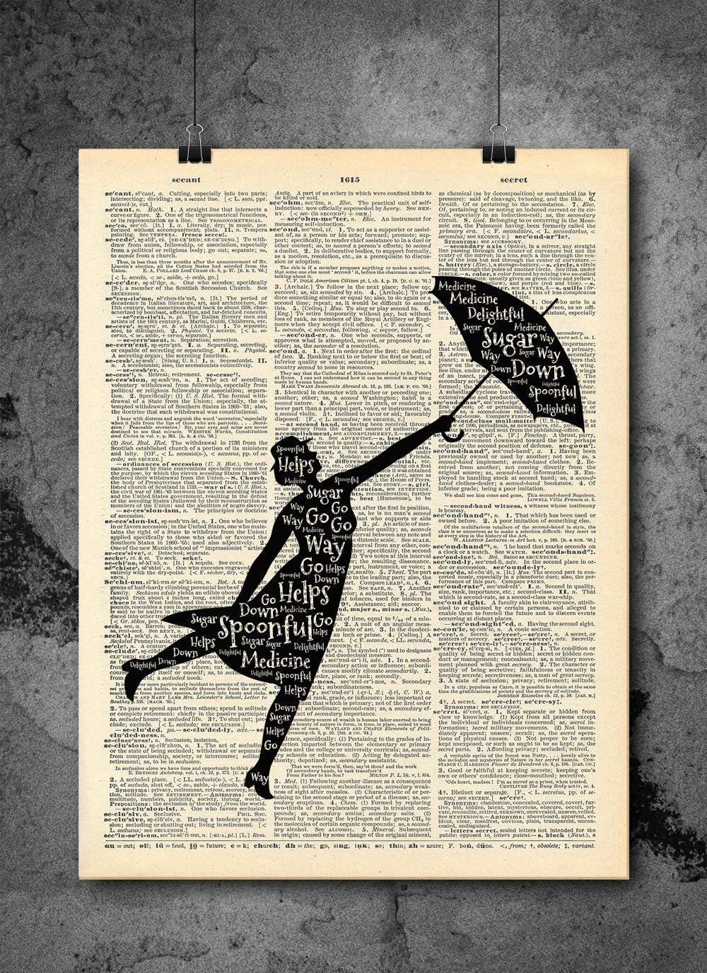 English Nanny Silhouette Spoonful Quotes Sugar | Inspirational Quote Art - Vintage Dictionary Print 8x10 inch Home Vintage Art Abstract Prints Wall Art for Home Decor Wall Decorations Print Only D226