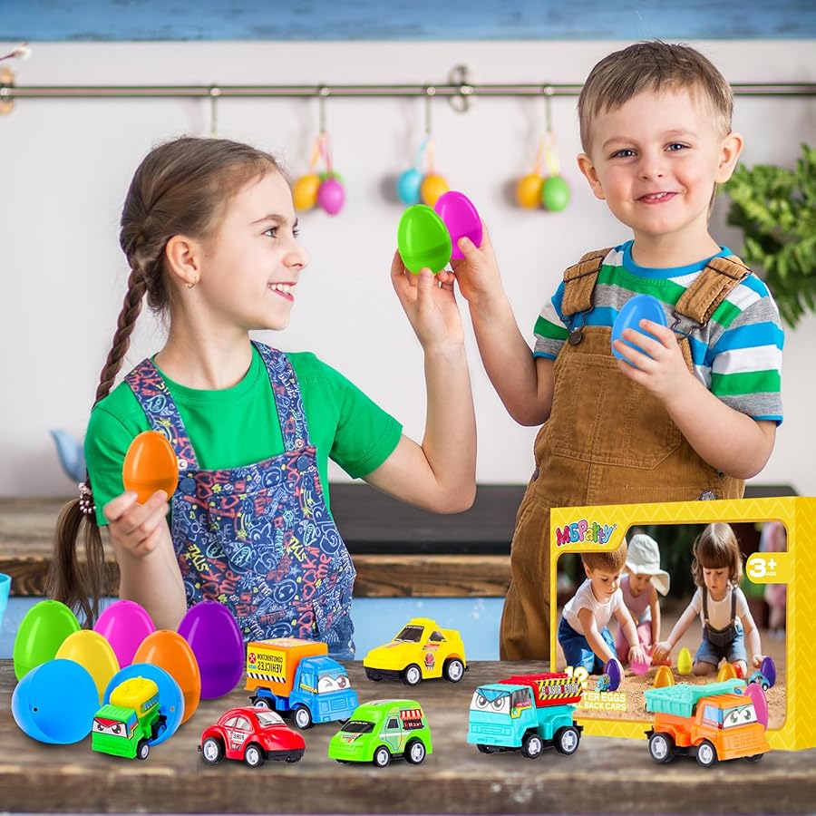 MGparty 12 Pack Prefilled Easter Eggs with Car Toys for Kids Toddlers Bulk Plastic Eggs Pull Back City Truck Vehicles Easter Goodie Bags Stuffers for Toddlers Boys Girls - image 5