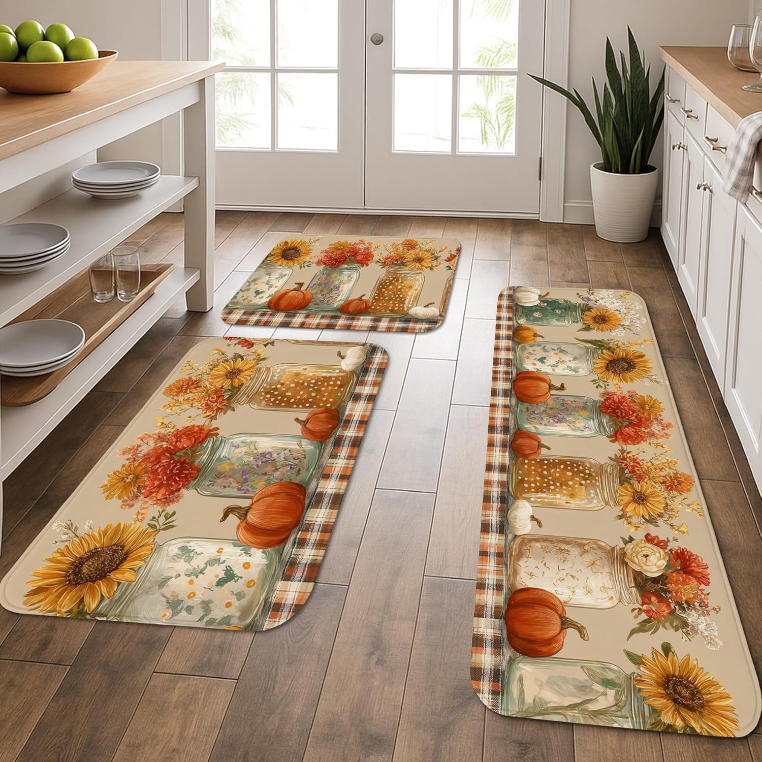 Rustic Kitchen Mats for Floor, Vintage Mason Jars Soft Mats, Cushioned Comfort Washable Non Slip Decor Rugs for Kitchen Sinks Laundryroom Bathroom 3Pcs