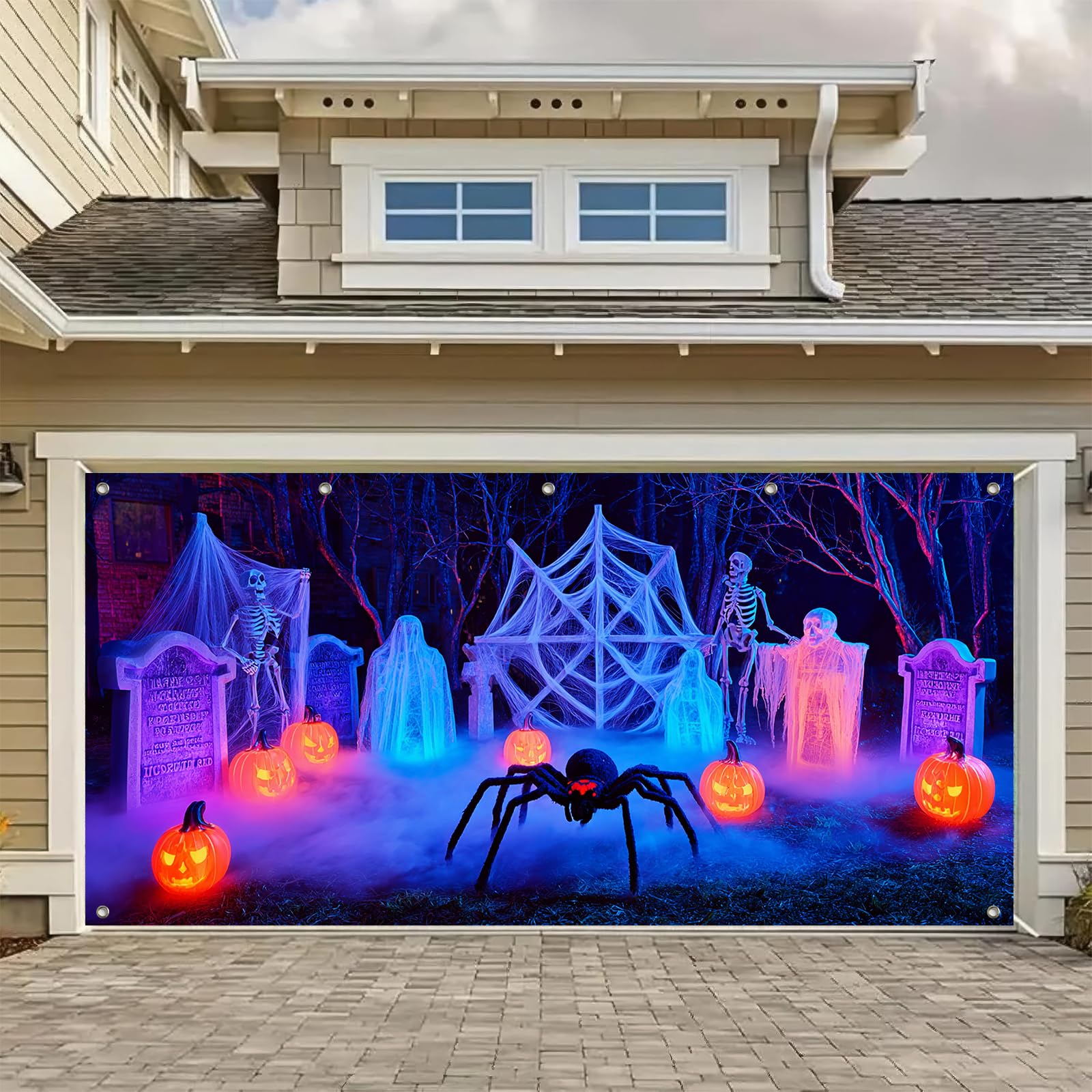 HOMETITUTE 13x6ft Halloween Garage Door Cover Banner Spider Web Ghost Skeleton Pumpkin Tombstone Haunted Photo Background Decor Indoor Outdoor Party