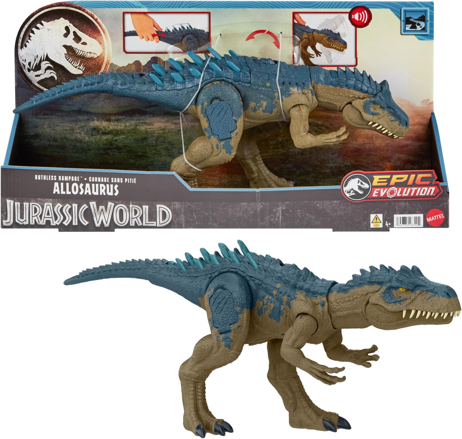 Jurassic World Ruthless Rampagin Allosaurus Dinosaur Toy, Action Figure with Continuous Chomp Attack & Roar Sounds, Button Activated Evolved Battle Spikes