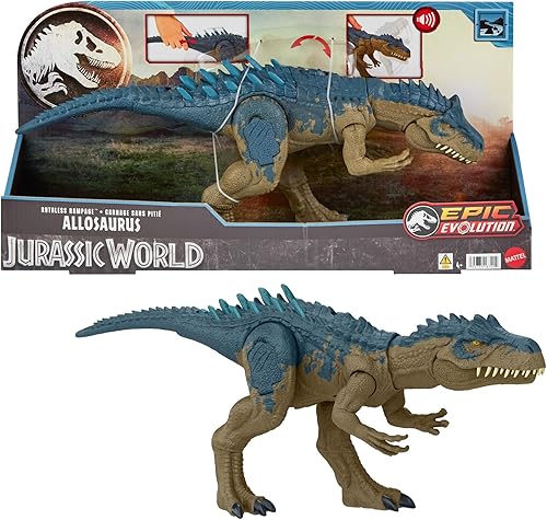 Mattel Jurassic World Ruthless Rampagin Allosaurus - Figura de acción con ataque continuo y sonidos de rugido, picos de batalla evolucionados