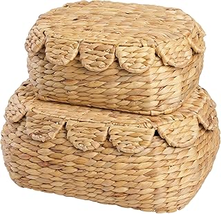 Boho Rattan Basket Set of 2, Scalloped Wicker Storage Baskets with Lids,...