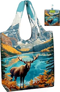 Elk Reusable Grocery Bags,Heavy Duty Totes for Women, Foldable Grocery Bag Large Shopping Totes with Handles for Work, Travel, Gift, Store, Polyester Washable Reusable Tote Bag
