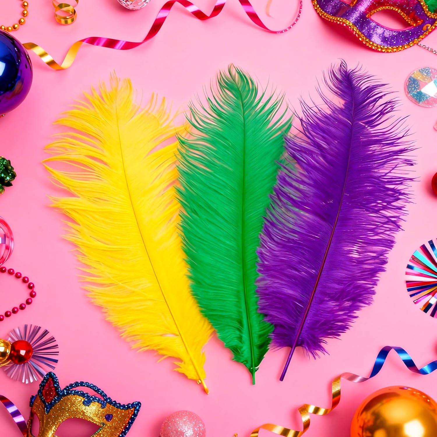 Avxdbr 9Pcs Mardi Gras Feathers 14-16 Inch Gold Green Purple Craft Feathers for DIY Craft Carnival Costume Mardi Gras Party Decorations Table Centerpiece