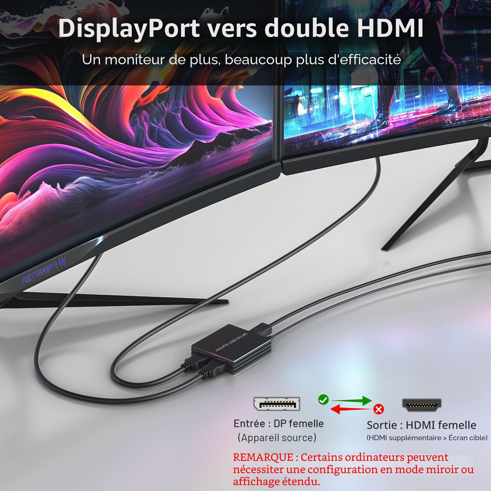 Adaptateur DisplayPort vers HDMI Dual - Répartiteur DP pour écrans doubles 4K @60 Hz avec écran étendu MST 1 en 2 sorties Hub pour PC, carte graphique et plus