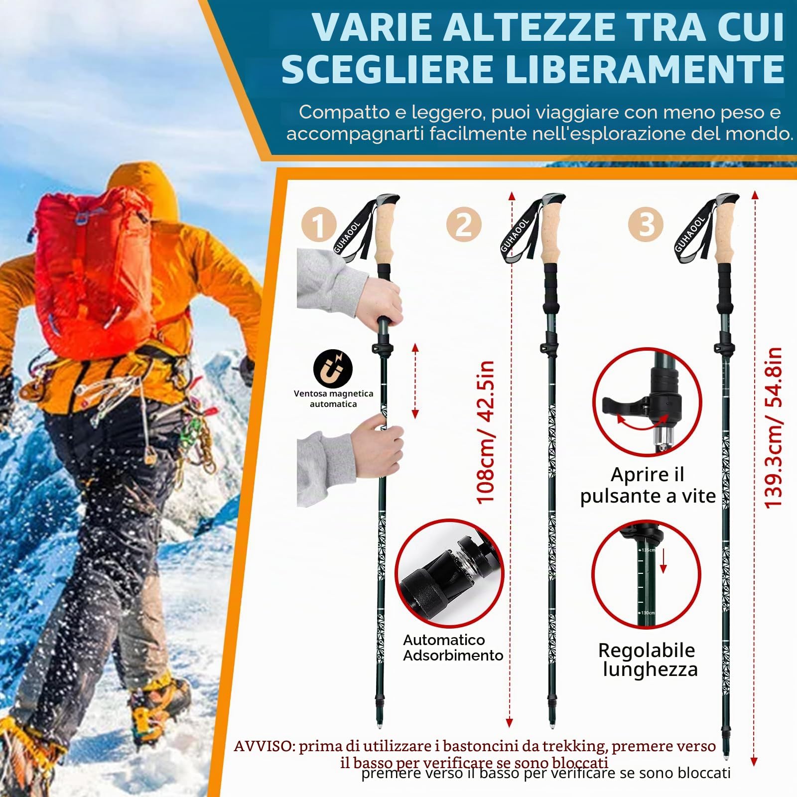 Bastoni Trekking Bastoncini da Trekking, 2 Pezzi Nordic Walking Nordic Walking Bastoncini Pieghevole Regolabile 108-139cm, Bastoncini Trekking Carbonio Allu 7075 con 5 Paia di Puntali in Gomma