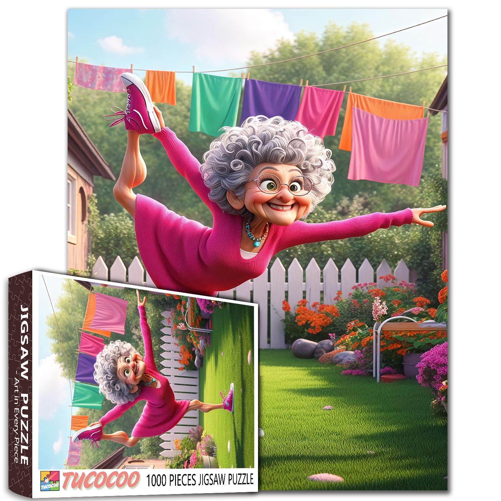 1000 Piece Jigsaw Puzzle, Animated Garden Scene with Clothesline Older Women DIY Puzzles for Challenging Family Activity Games Elderly Lady Art Home Wall Decor Craft Gifts