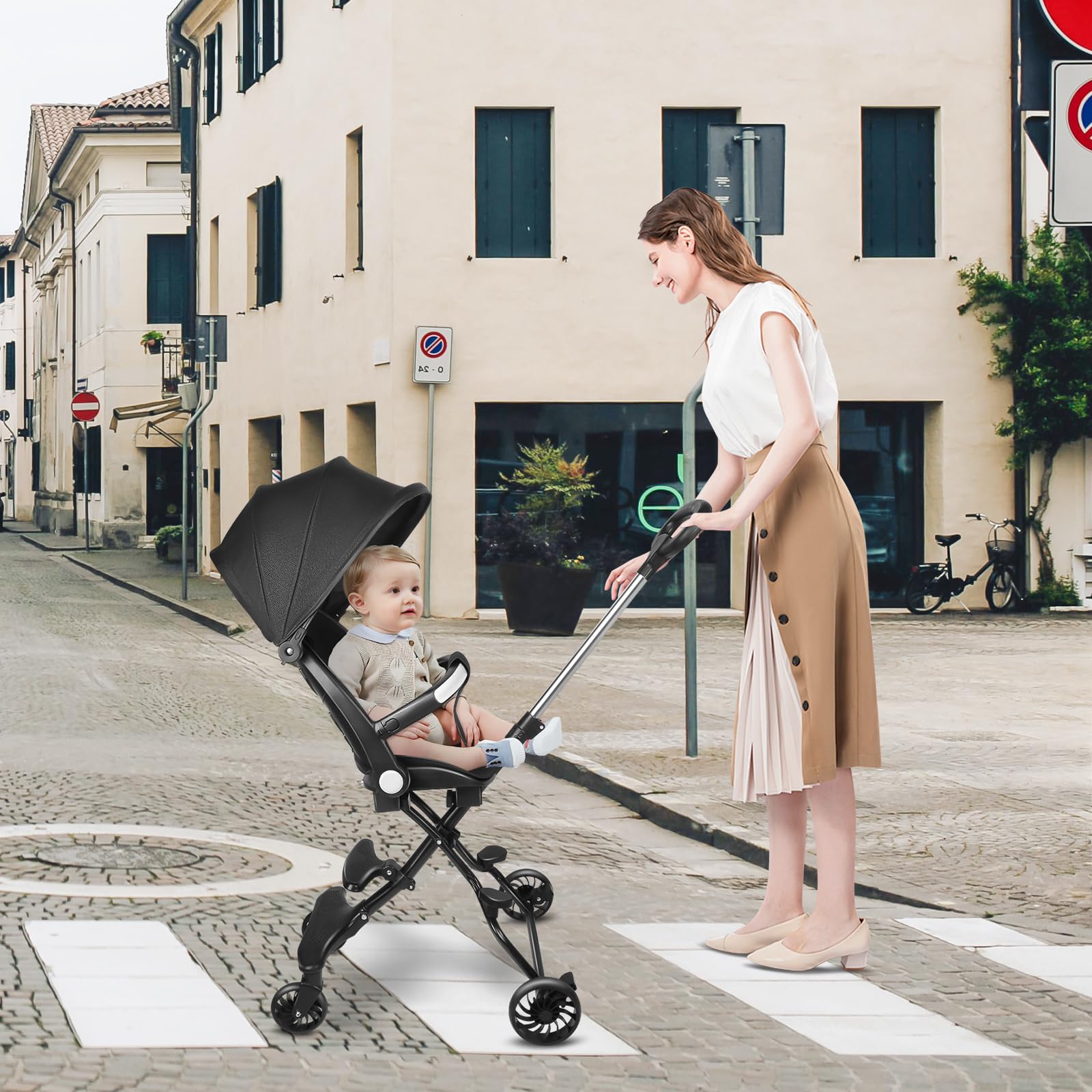 Poussette canne compacte Ingenious, Capote de Protection, Vélo bébé,avec Pare-Soleil Pliable,Roues Silencieuses,Prise en Main Confortable,30 * 55 * 86.5cm/ noir