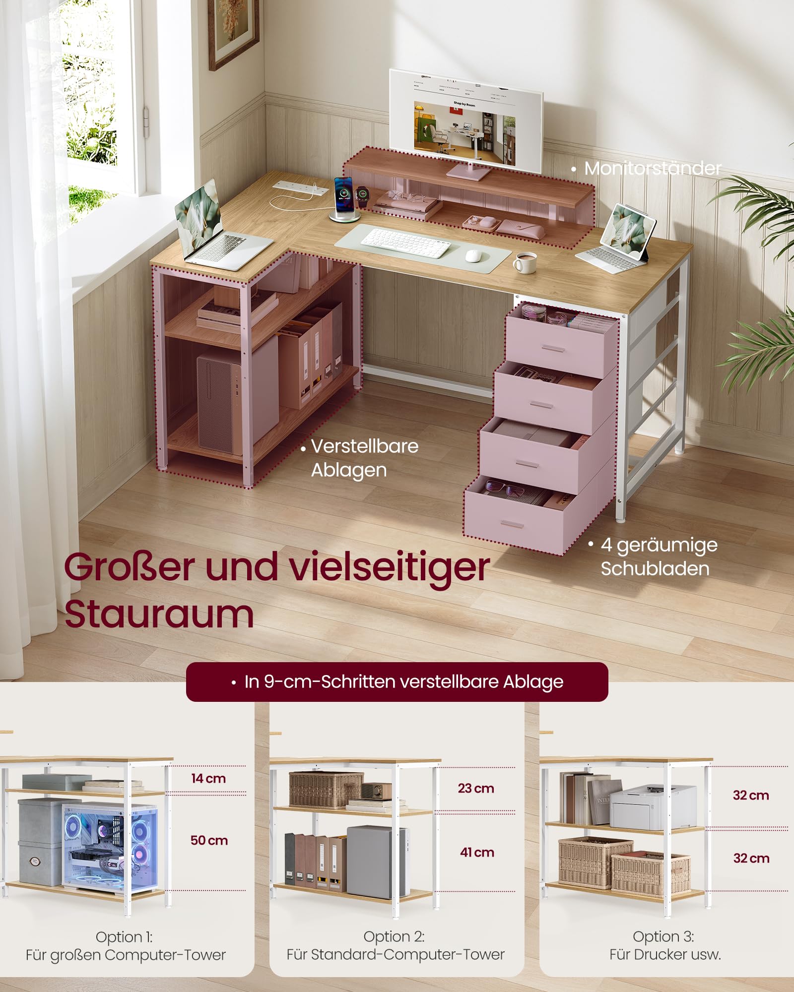 VASAGLE L-förmiger Eckschreibtisch mit Steckdosen, Computertisch, Gaming-Tisch, beidseitig montierbar, verstellbare Ablagen, 4 Schubladen, 2 USB-Anschlüsse, 140 x 80 cm, natureichenfarben LWD172YD01