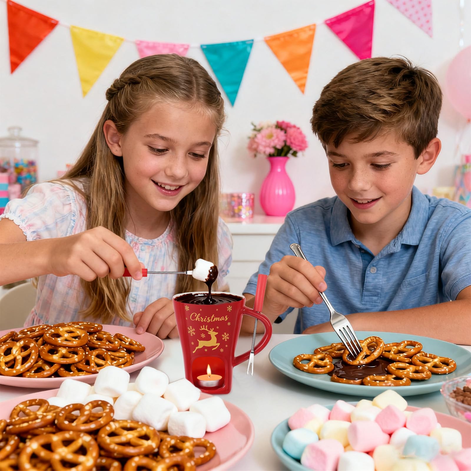 HANEVEAR 2 Pack Chocolate Fondue Mug, Mini Chocolate Melting Mug with 4 Forks and 4 Tealights, Ceramic Fondue Cup with Festive Holiday Pattern for Cheese, Butter - Birthday, Christmas, Wedding Gift - 3