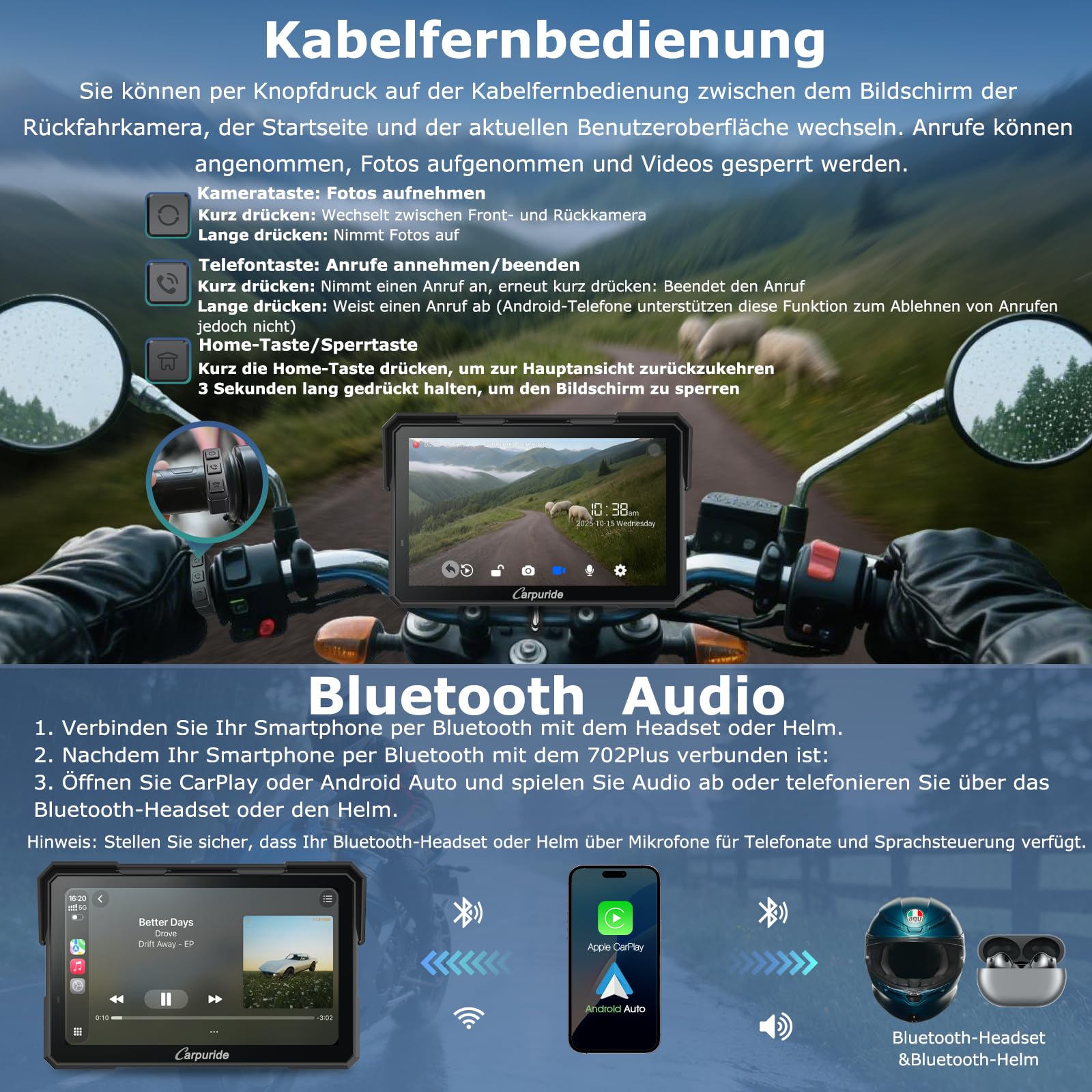Carpuride W702 Plus 8 Kern Android 14 Motorrad Carplay Bildschirm mit Dual Kameras, Kabellos CarPlay und Android Auto, 7" Wasserdichter Touchscreen, BT Audio, Loop-Aufnahme, Online/Offline Navigation.