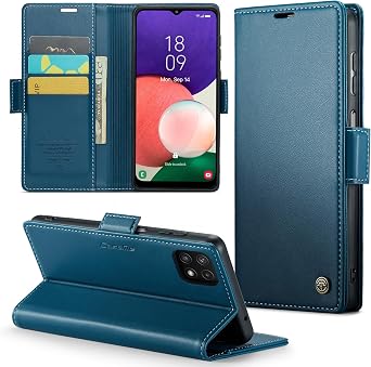 Case for Samsung Galaxy A22 5G Wallet Case with Card Holder, Kickstand RFID Blocking Magnetic Closure Shockproof Protective PU Leather Cover for Samsung A22 5G Flip Case Wallet - Blue
