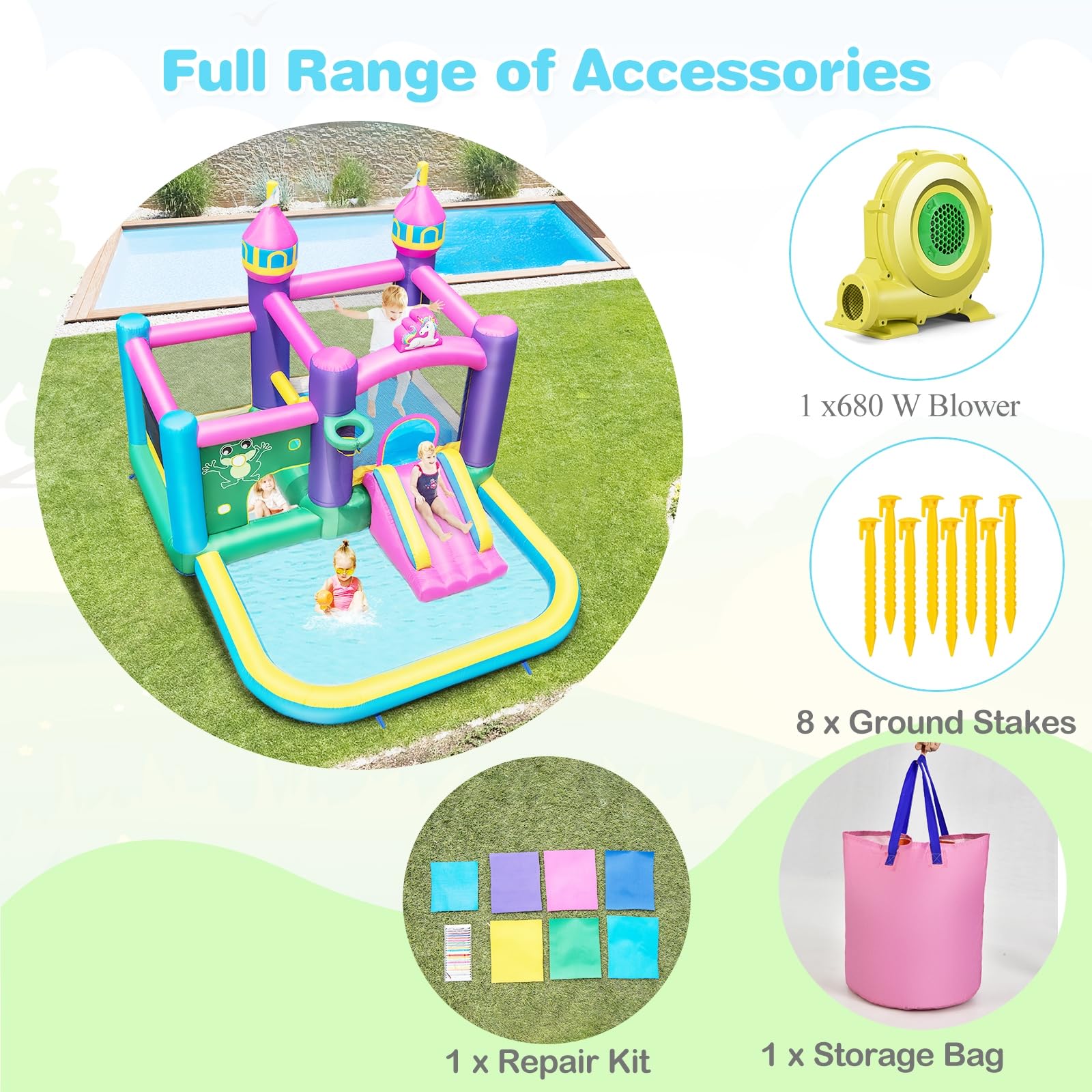 Château Gonflable Licorne – Toboggan, Trampoline, Piscine À Balles – Avec Souffleur 680W – Pour 3 Enfants De 3 À 10 Ans – Intérieur/Extérieur