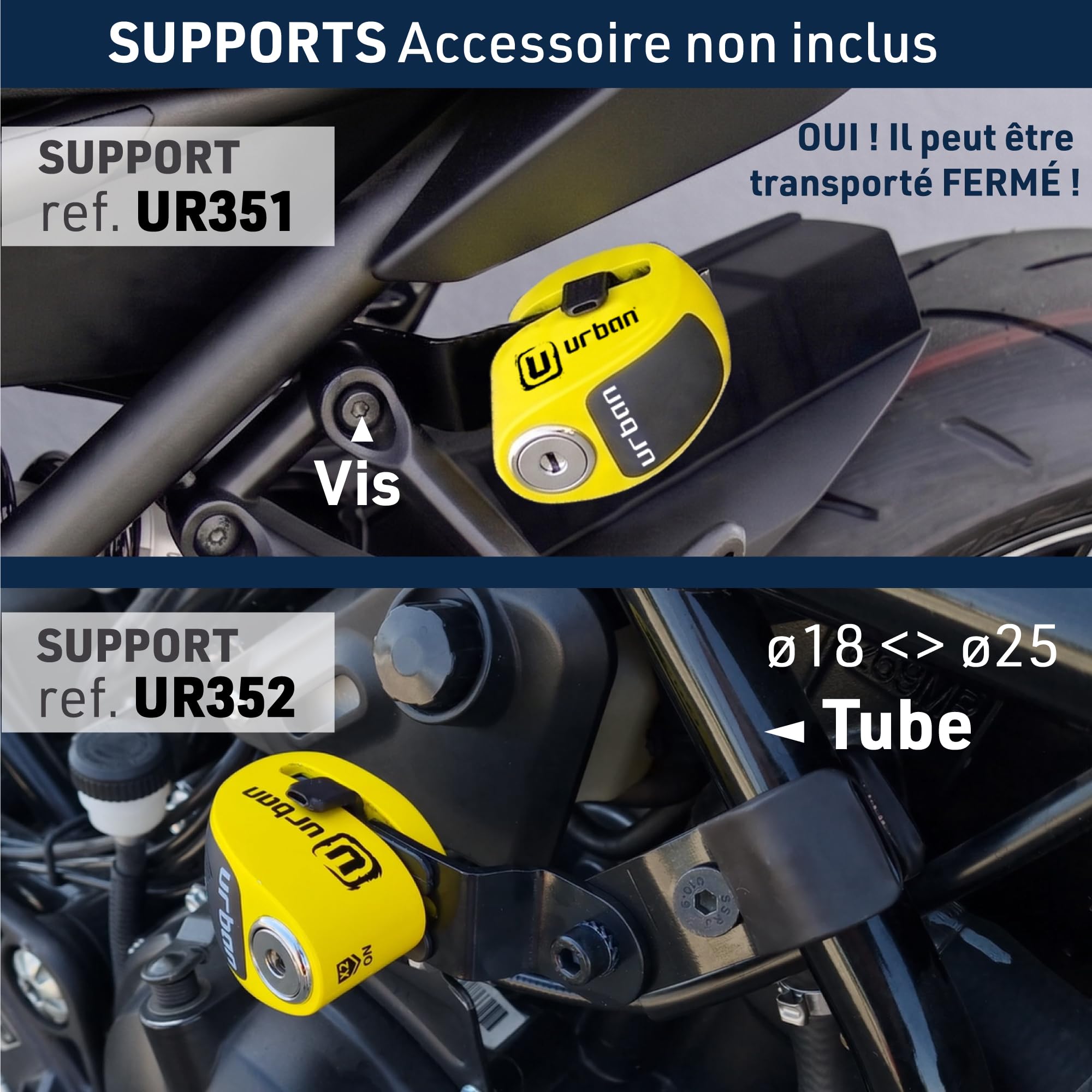 URBAN UR906Y Antivol Moto avec Alarme 120dB Hi-Tech X2 ON, Module Remplaçable Imperméable, Pile CR2, Câble Rappel, Antivol Pince Frein 6mm Universel pour Motos Scooters Vélos Électriques Trottinettes