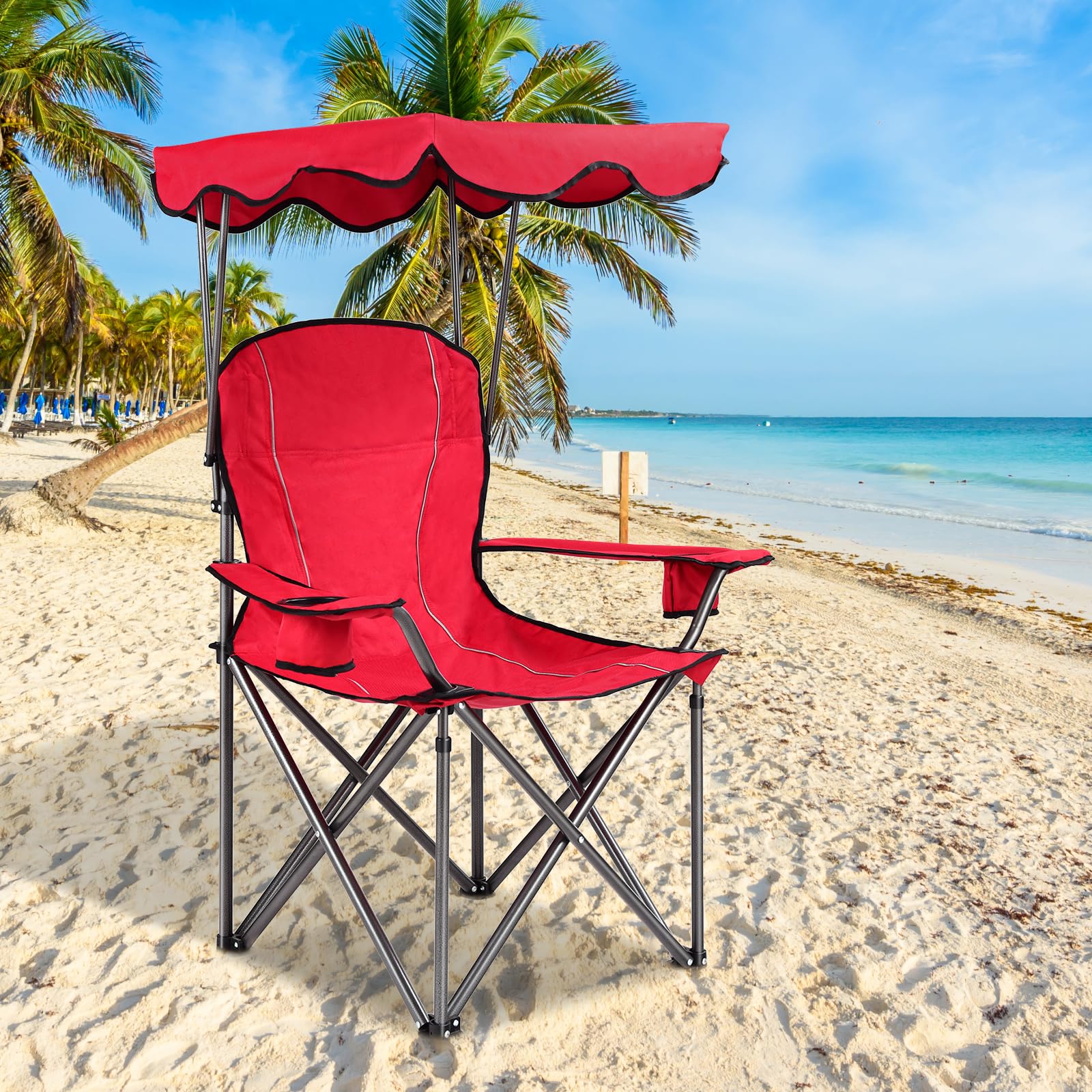 WATERJOY 24 Inches Portable Camping Chairs with Cup Holder, Folding Beach Chair with Shade Canopy