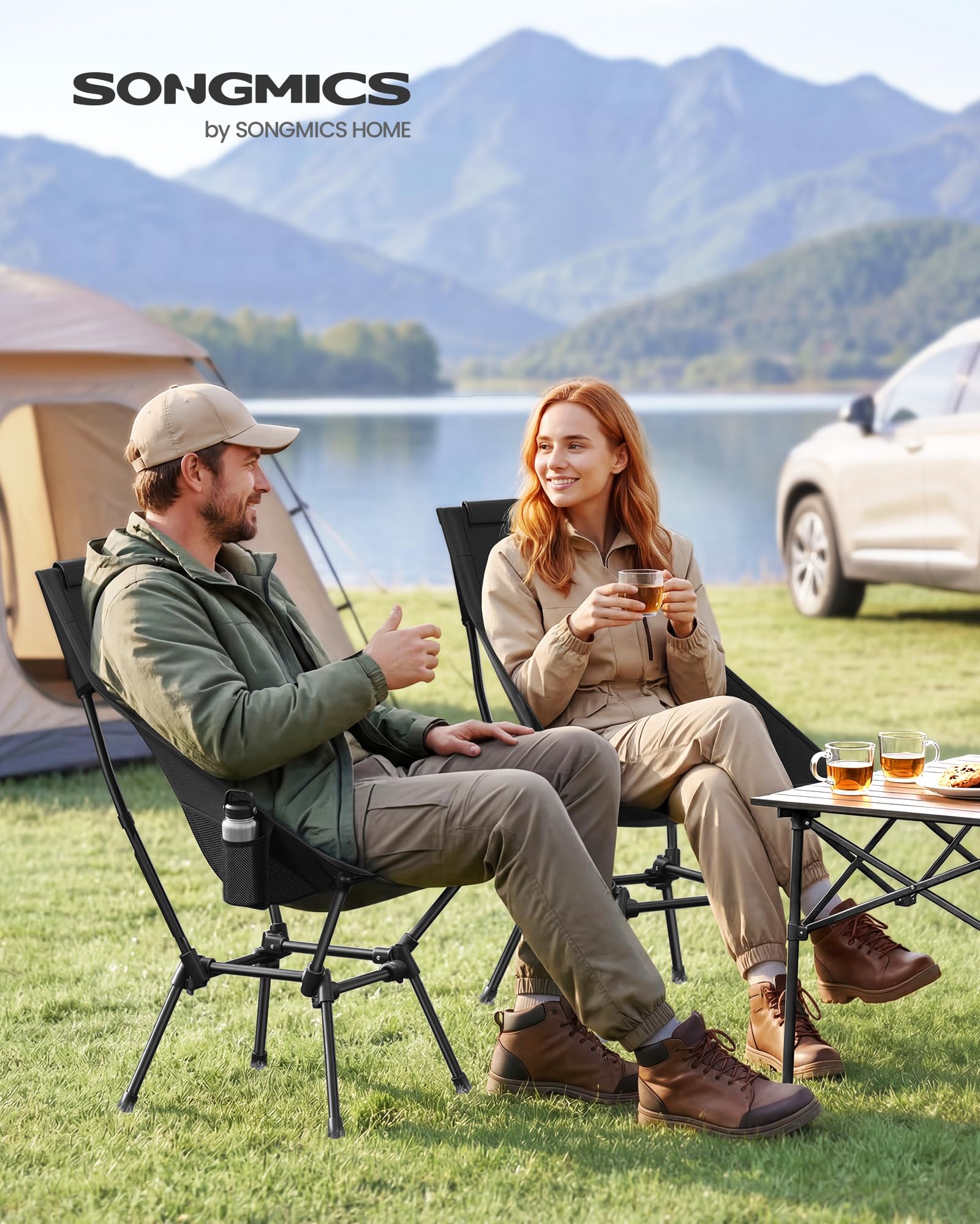 SONGMICS Campingstuhl, Strandstuhl hohe Rückenlehne, Gartenstuhl klappbar, höhenverstellbar, Stahlgestell, bis 150 kg belastbar, 2 Seitentaschen, Kopfstütze, Reisen, schwarz GCB051BZ01