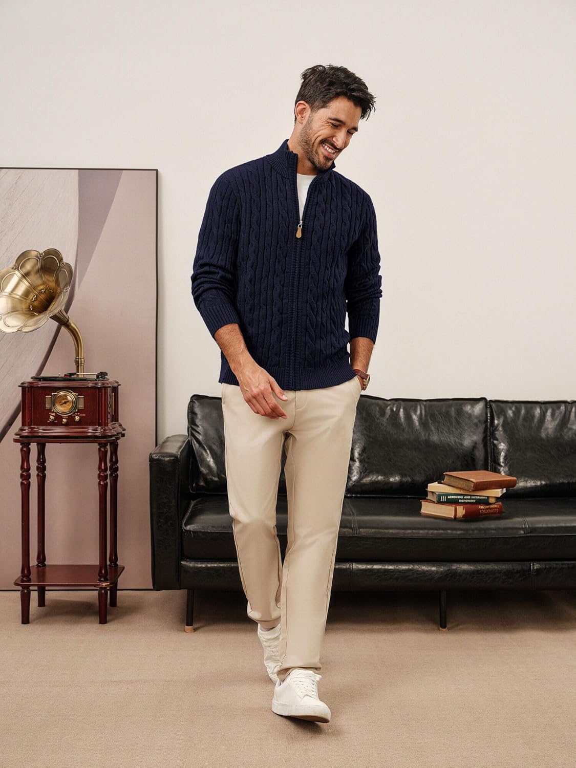 PJ PAUL JONES Mens Cardigan Sweater Full Zip Up Stand Collar Cardigans Long Sleeve Knitted Sweaters - Image 5