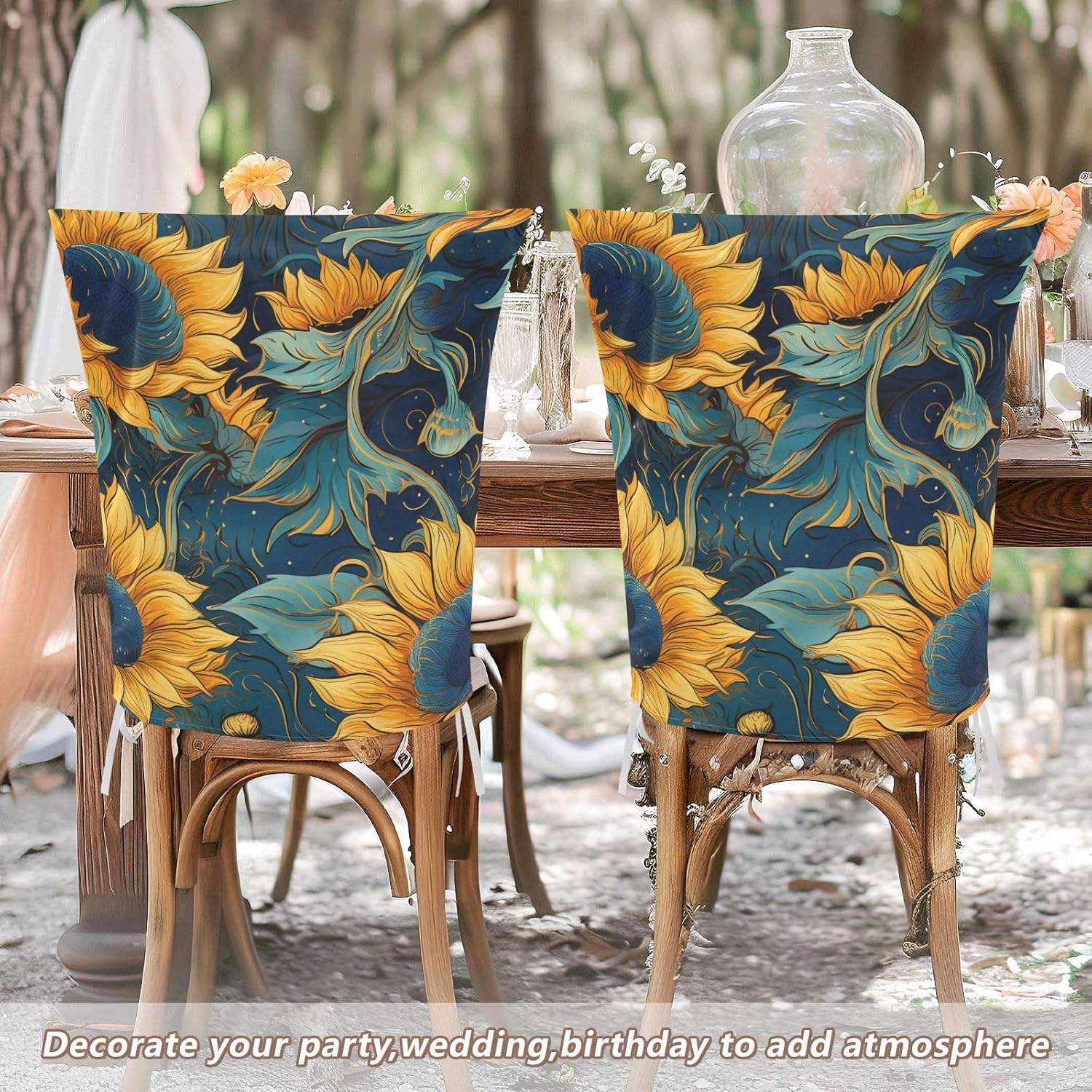 ALAZA Blue Sunflowers on Blue Chair Back Cover Set of 6, Washable Reusable Removable Chair Slipcovers Decorative Chair Cover for Home Kitchen Wedding Party