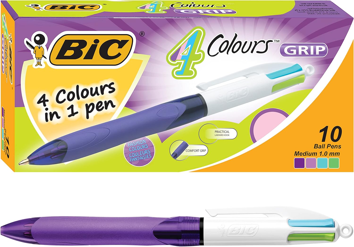 BIC 4 Colours Grip Fashion Retractable Ball Pen Medium Point (1.0 mm) - Box of 10 954305