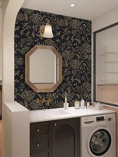 Miniatura 3 de Heroad Papel tapiz autoadhesivo de 196 x 17.3 pulgadas, color negro y dorado, papel tapiz bohemio para despegar y pegar, papel de contacto floral,