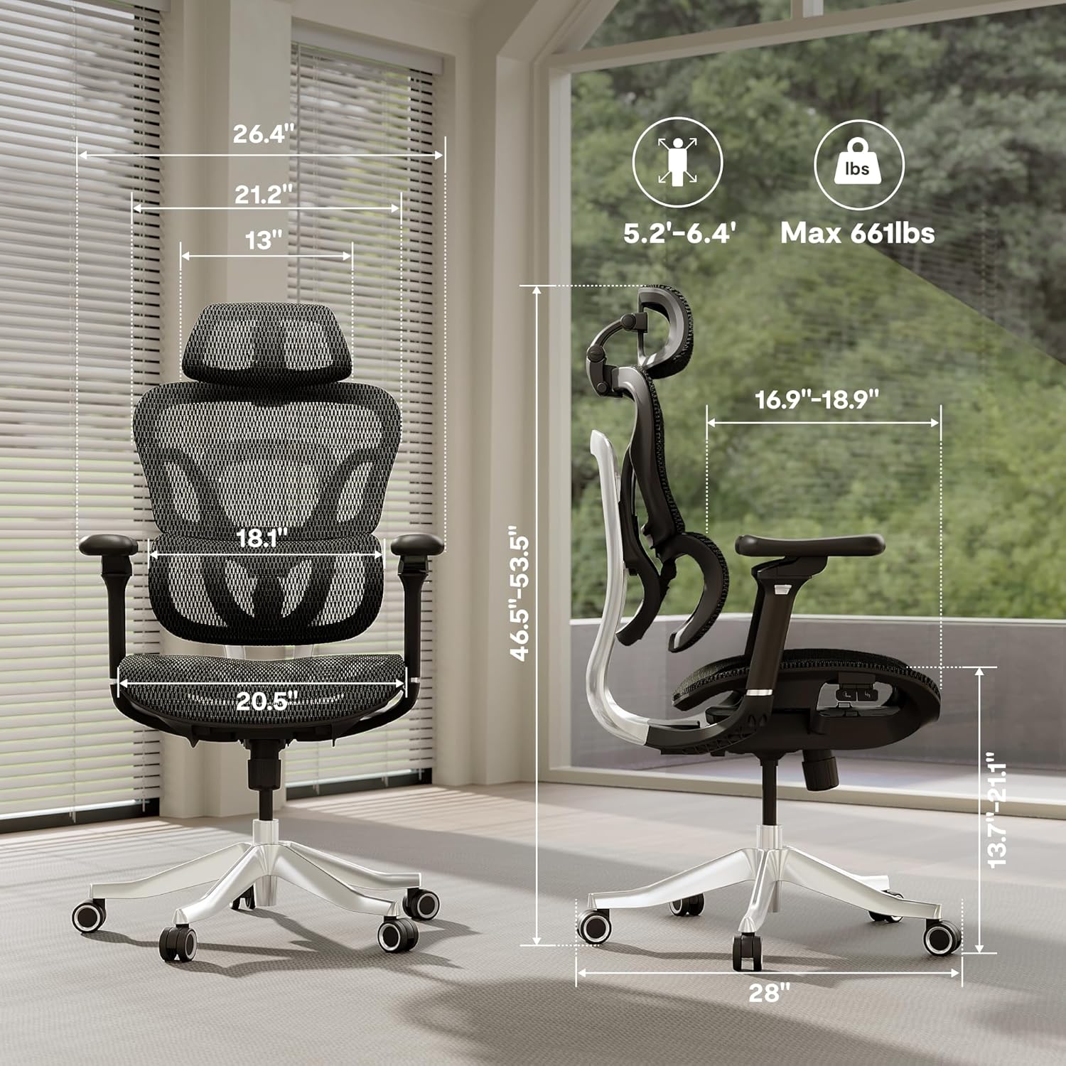 Diagram showing dimensions of the FLEXISPOT ErgoX Max chair