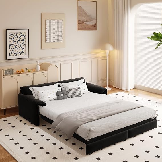 66 Queen Size Sleeper Sofa Bed, 3-in-1 Velvet Loveseat Sofabed