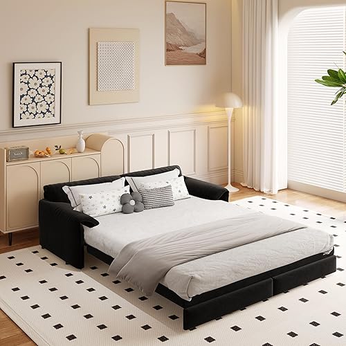 3 in 1 Convertible Queen Sleeper Sofa Bed Comfy Pull Out Futon Couch Bed 66" Modern Velvet Recliner Loveseat Sofa Multi-Functional Black Cloud Couch for Living Room,Apartment,Office (Black 66")