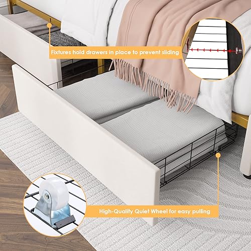 Miniatura 6 de HIFIT Base de cama tapizada tamaño matrimonial con 4 cajones de almacenamiento y cabecera capitonada con botones hecha a mano, cama de