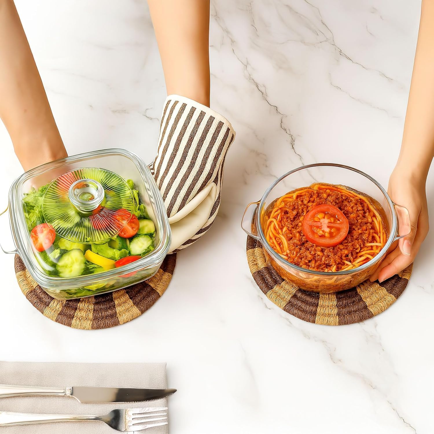 2 moldes de cristal con tapa, aptos para horno, con asa, cuencos para microondas con tapa para cocina, restaurante, hogar y fiesta (0,8 L)