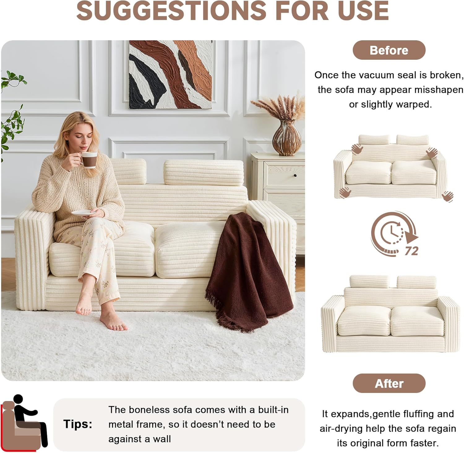 Bean Bag Chair Couch with Fixed-Shape Frame, Two Seat Giant Bean Bag Sofa for Adults, Boneless Loveseat Floor Sofa Couches for Living Room, Small Couch for Bedroom, Apartment, Office (Beige)