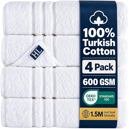 Hawmam Bath Linen Towels Large, Turkish Cotton, 4 Pack, White