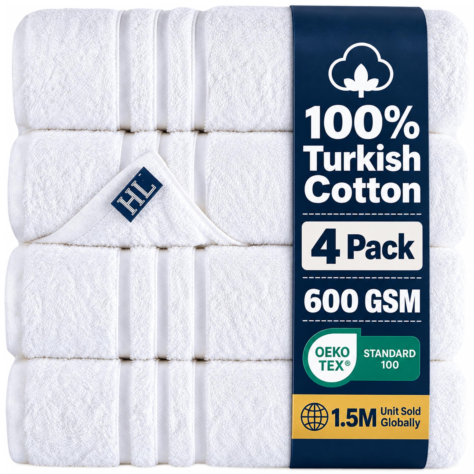 Hawmam Bath Linen Towels Large, Turkish Cotton, 4 Pack, White