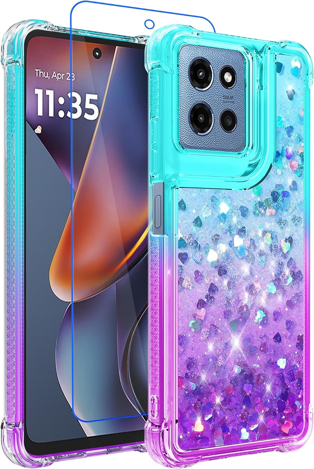 for Moto G 2025 Case,Moto G 2026 Case,Moto G Play 2026 Case Clear Glitter Flowing Liquid Quicksand Shockproof Corner with Tempered Glass Screen Protector -TealPurple
