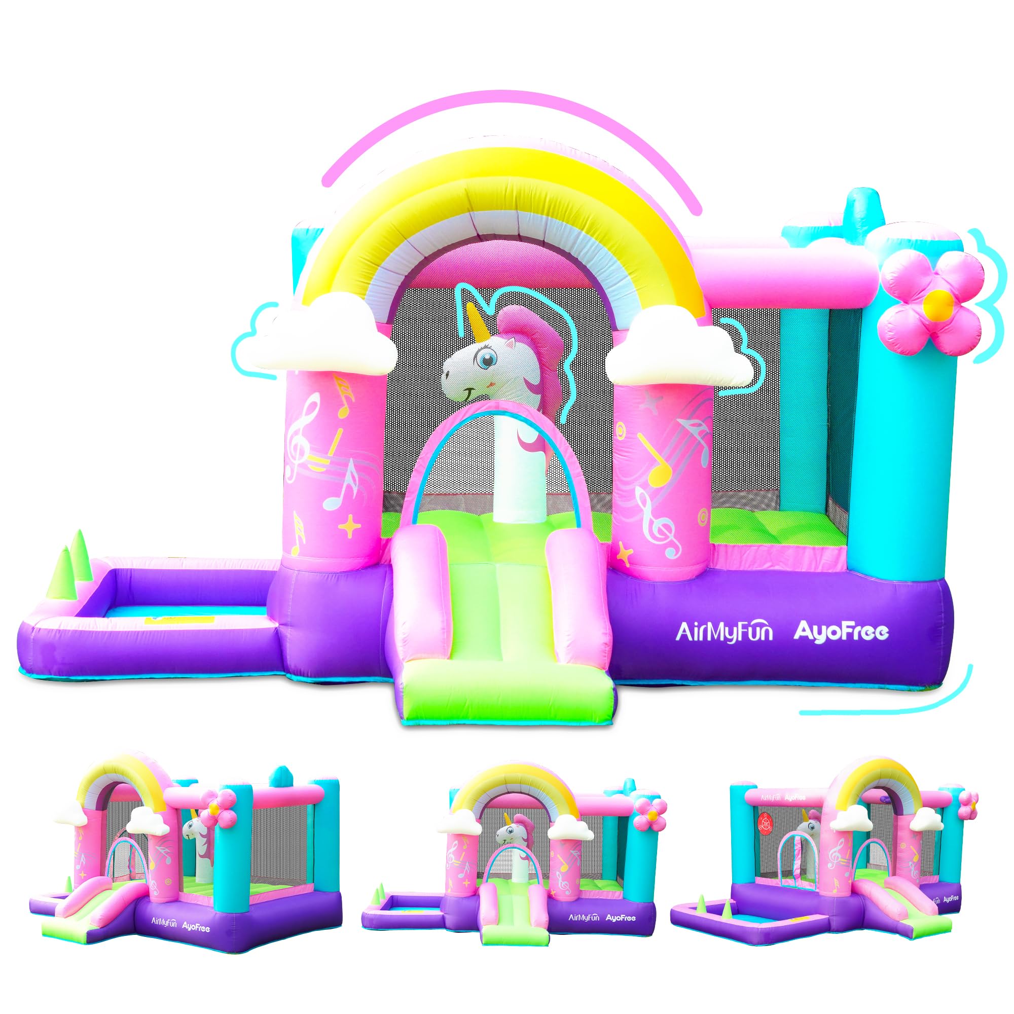 Unicorn Bounce House with Slide, Inflatable Pink Bouncy House with Air Blower,Fun Bouncy Castle for Girls Aged 3-10,Ideal for Birthday Parties and Backyard Fun,Wet & Dry Use with Water Pool& Ball Pit