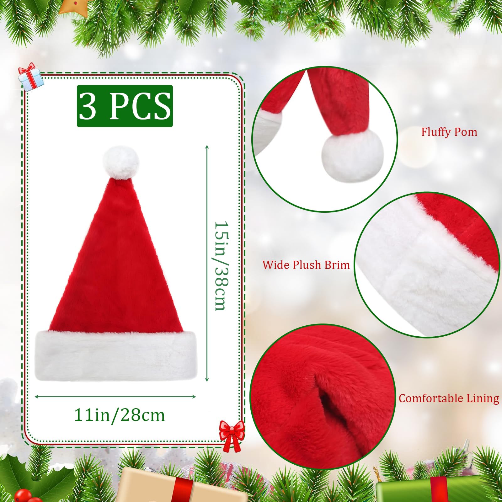 POPOYU 3Pcs Red Christmas Hats for Kids,Luxury Santa Plush Claus Hats,Fancy Dress Costume,Velvet Comfy Outfit New Year Xmas Party Supply,Thicken Classic Fur Decoration - Image 2