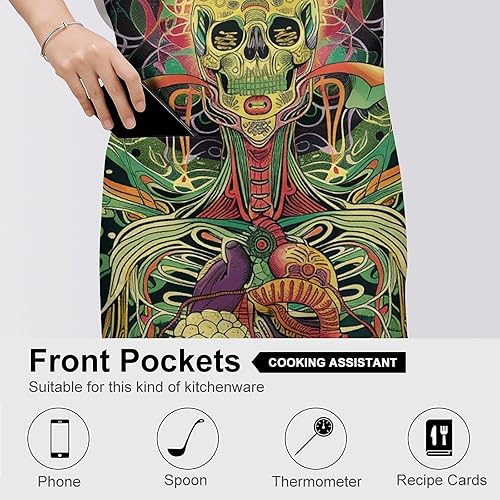 Miniatura 5 de MUSM Apron for Adults - 27.6 X 31.5 Inch, Heavy-Duty Polyester Aprons with Two Large Pockets, Waterproof Line Green Picture Kitchen Apron for