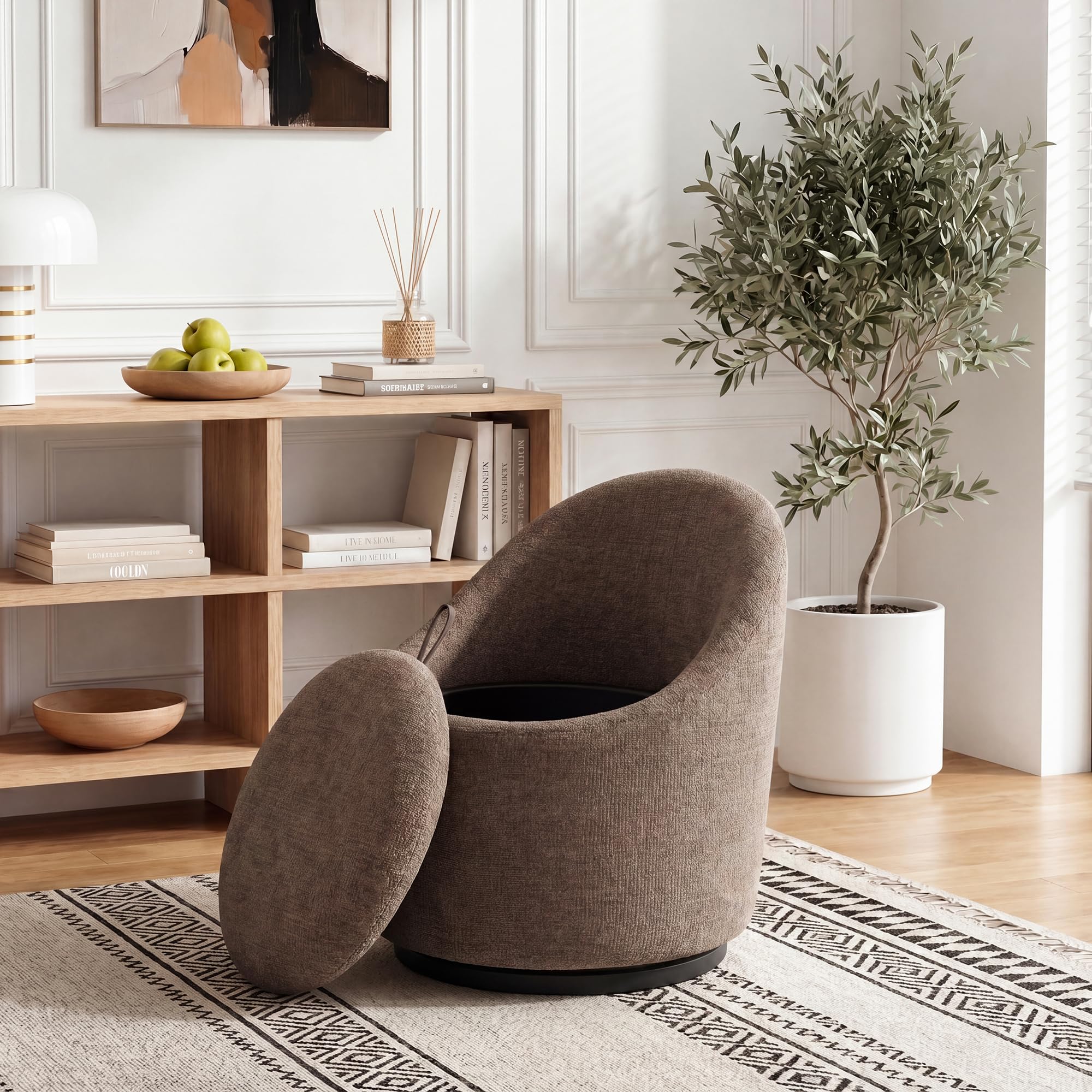Barrel Swivel Accent Chair with Hidden Storage, 360° Rotating Lounge Chair, Upholstered Breathable Fabric, High Density Foam Seat, Modern Round Armchair for Living Room Bedroom,Brown