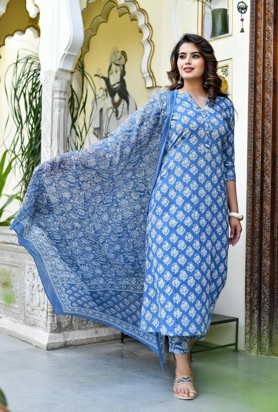 Lookmark Women's Trendy Printed Cotton Blend Straight Kurta Pant Dupatta Set ||Az-Lm-Og-Ks2087-S Blue