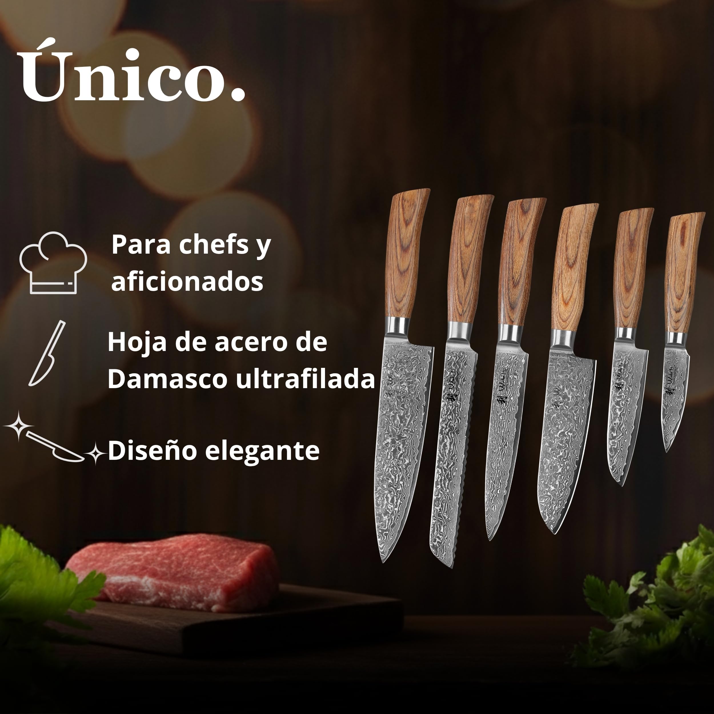 WAKOLI EDIB Pro juego de 6 cuchillos en acero de damasco de 67 capas con núcleo VG10, chef 20 cm, pan 20 cm, carne 17 cm, Santoku 16 cm, Santoku 11 cm y puntilla 8 cm