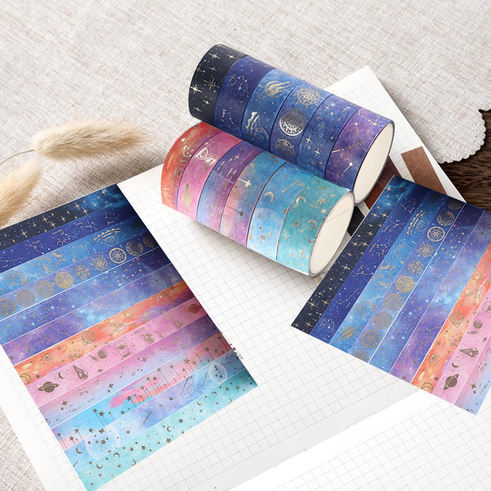 12 Rolls Washi Tape Set, Galaxy Purple Washi Tape Decorative Masking Tape Pastel Scrapbook Tape Aesthetic Gold Foil Washi Tape Stickers For DIY - View #5