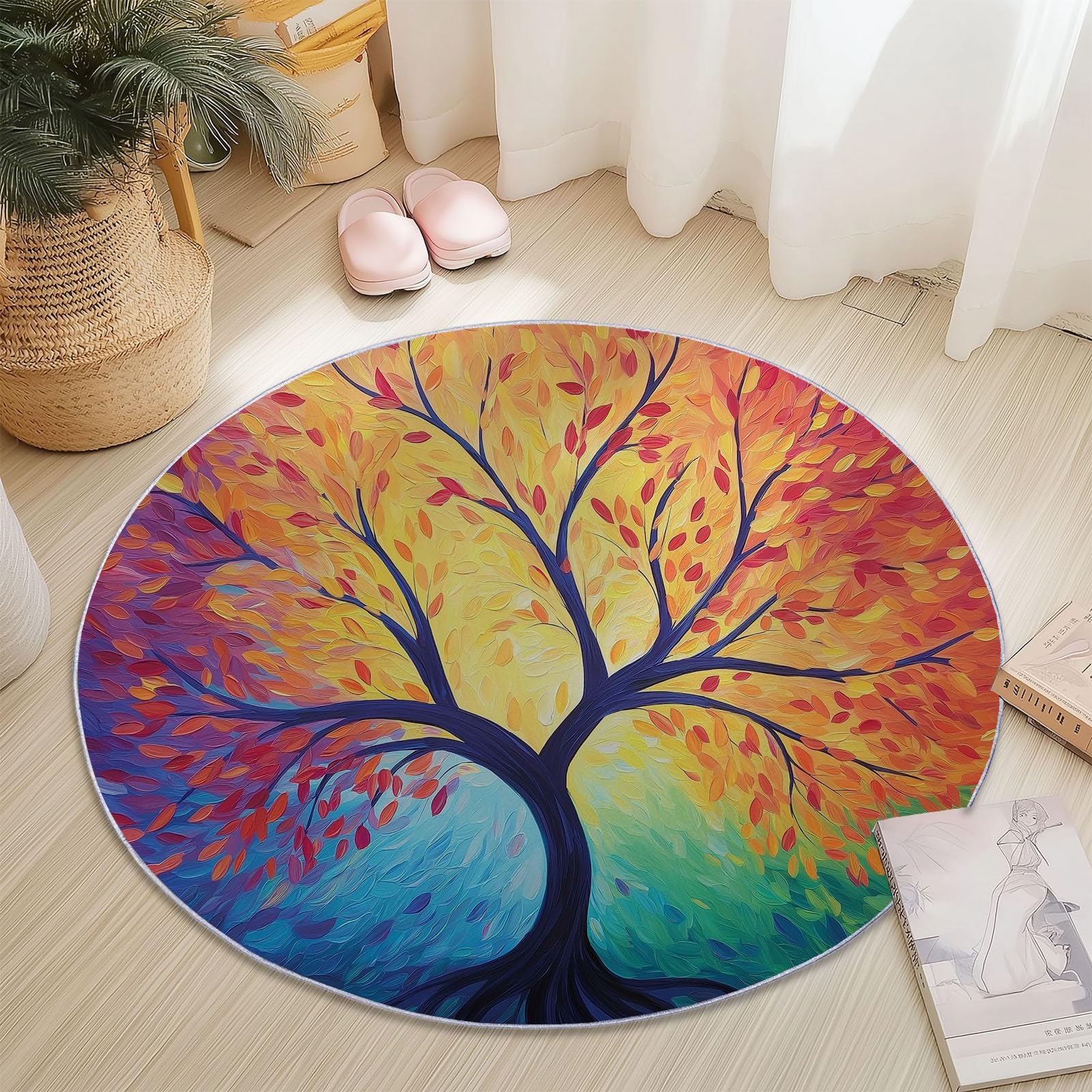 Tapis de salon rond 160 cm imprimé arbre coloré abstrait