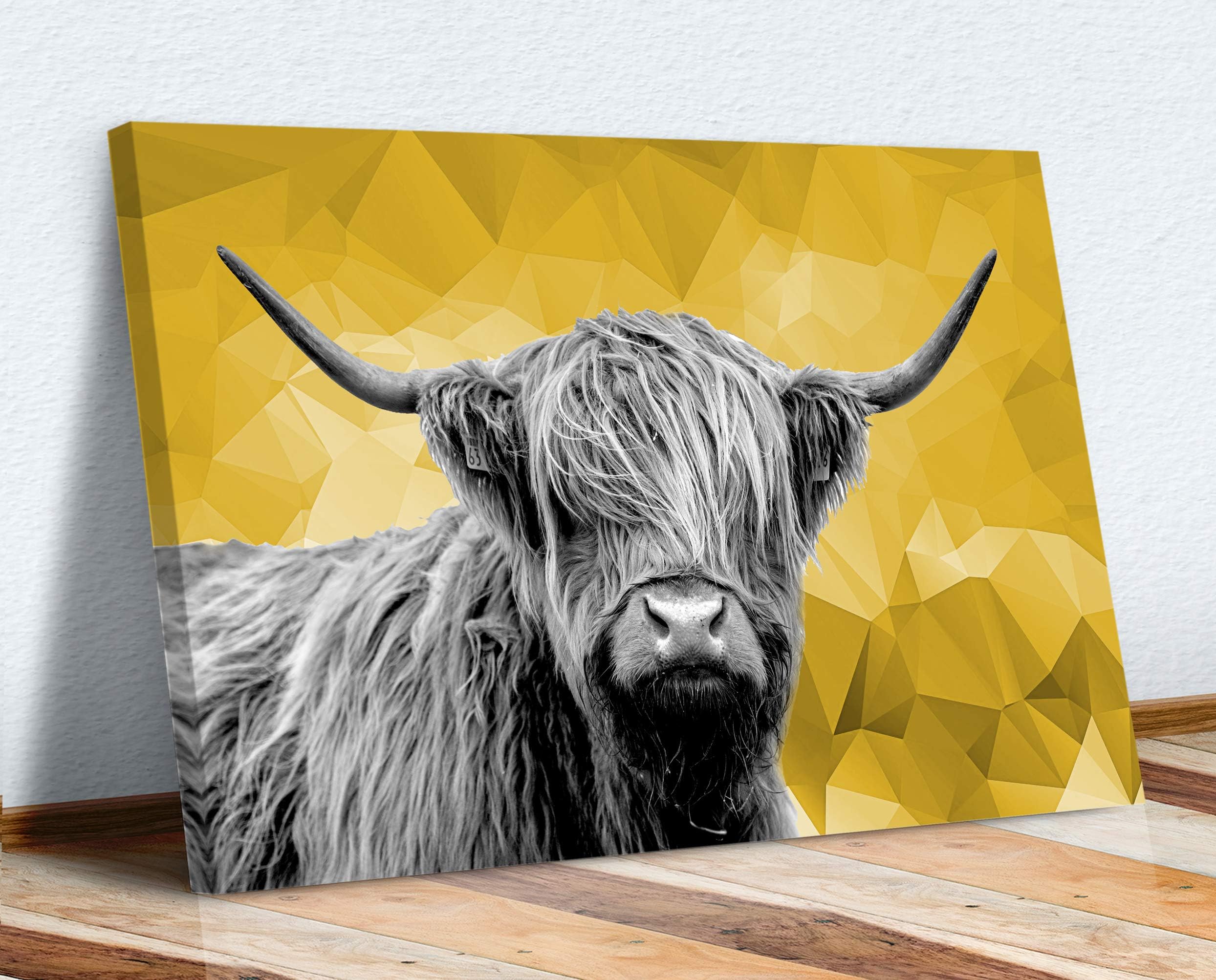 CanvasArtShopHIGHLAND COW BLACK AND WHITE YELLOW GEO BACK CANVAS WALL ART PRINT ARTWORK (18in x 12in / 45cm x 30cm)