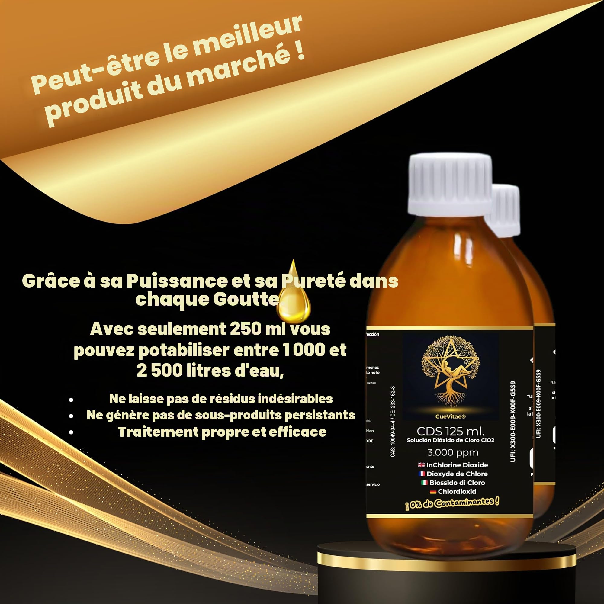 CDS 0,3% Dioxyde de Chlore | 2x125 ML | Lot 2 flacons verre ambré anti-UV avec équipement volumétrique, exclusif traitement d'eau, produit chimique technique.