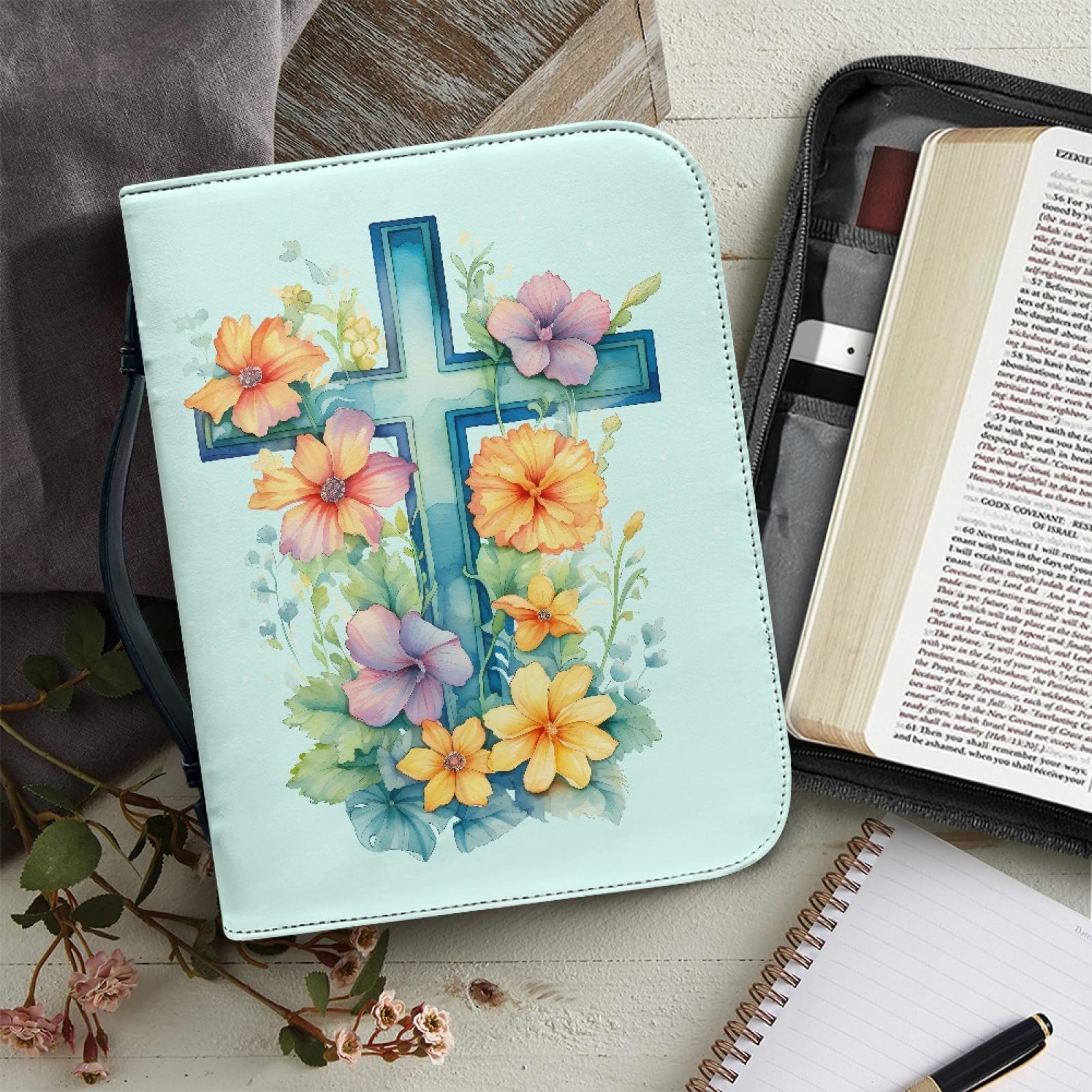 Personalizzata Custodia Bibbia in Pelle con Cerniera Grande Borsa Biblica Donna Uomo Fiore Crocifisso Azzurro L
