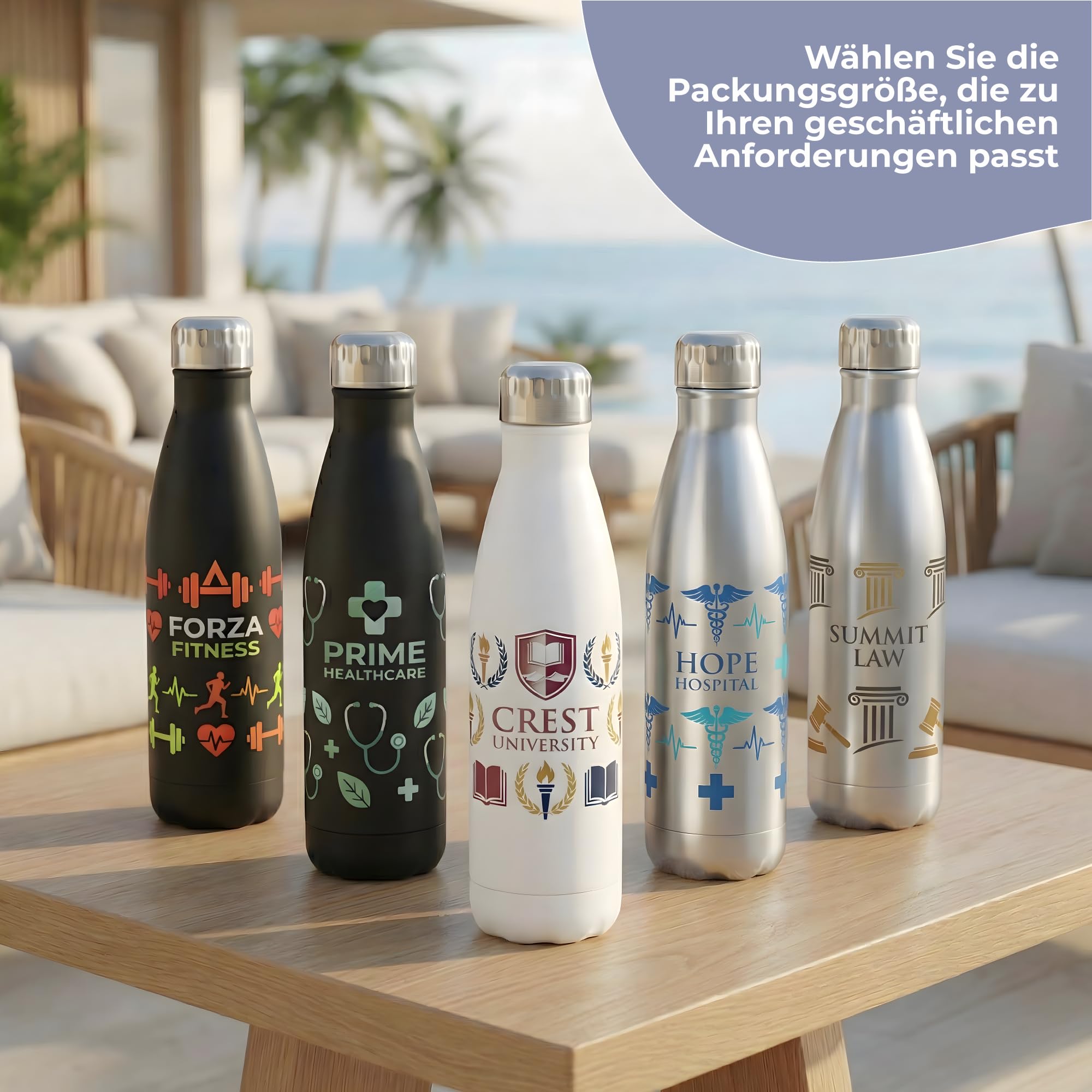 Personalisierte Trinkflasche aus Edelstahl, 473 ml, doppelwandig, BPA-frei, mit deinem Foto, Logo oder Text, 50er-Pack, Chrom/Weiß, Thermoflasche für Arbeit, Events und Unternehmen