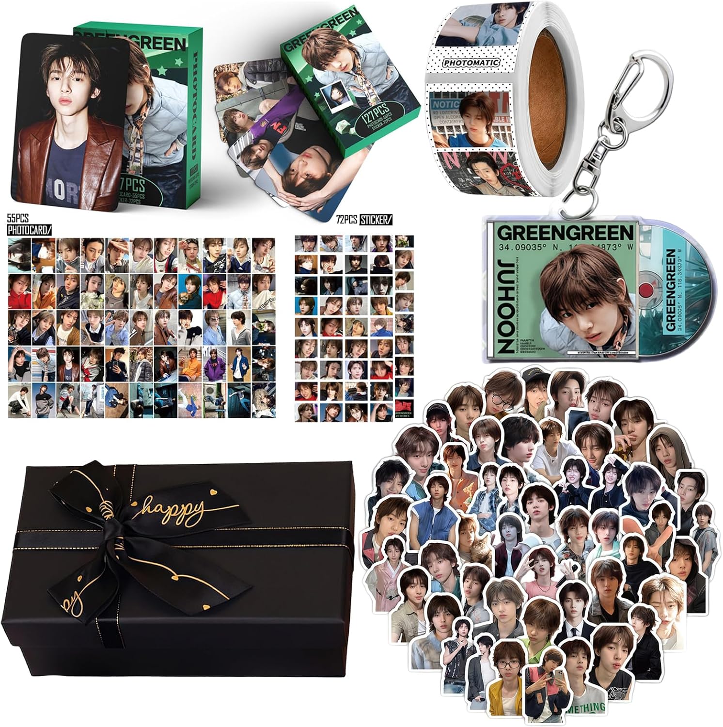 Album Gift box Set, Including 127PCS JUHOON GREENGREEN Photocards(55pcs photocard+72pcs mini Sticker),73PCS Album Sticker Pack,1 Keychain and 1 tape Gift for Merch (JUHOON)
