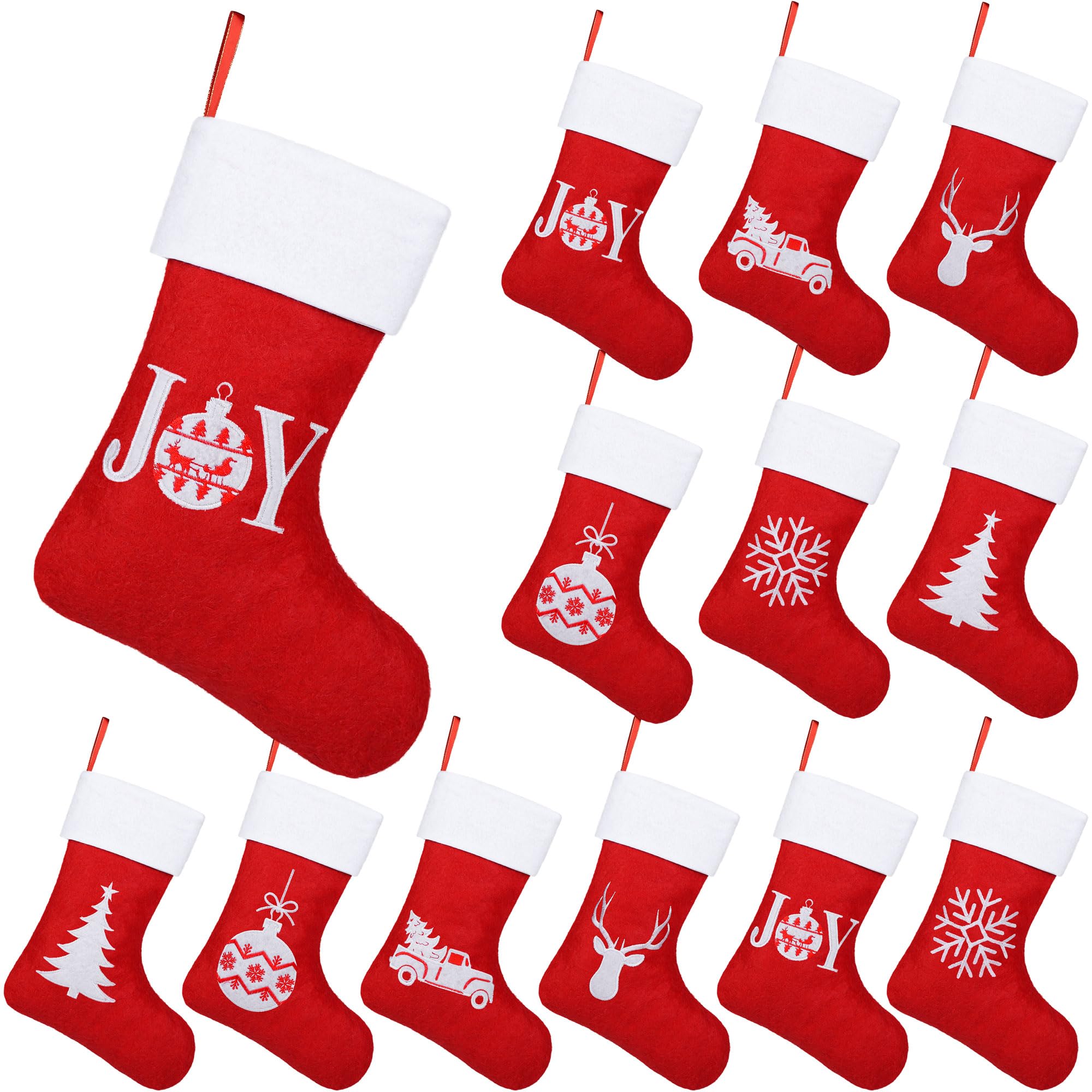 Aodaer 12 Pack Christmas Stockings 15 Inch Felt Red Christmas Stockings with Reindeer Snowflake Pattern Xmas Hanging Stockings for Xmas Tree Fireplace Gift Holding Party Decoration