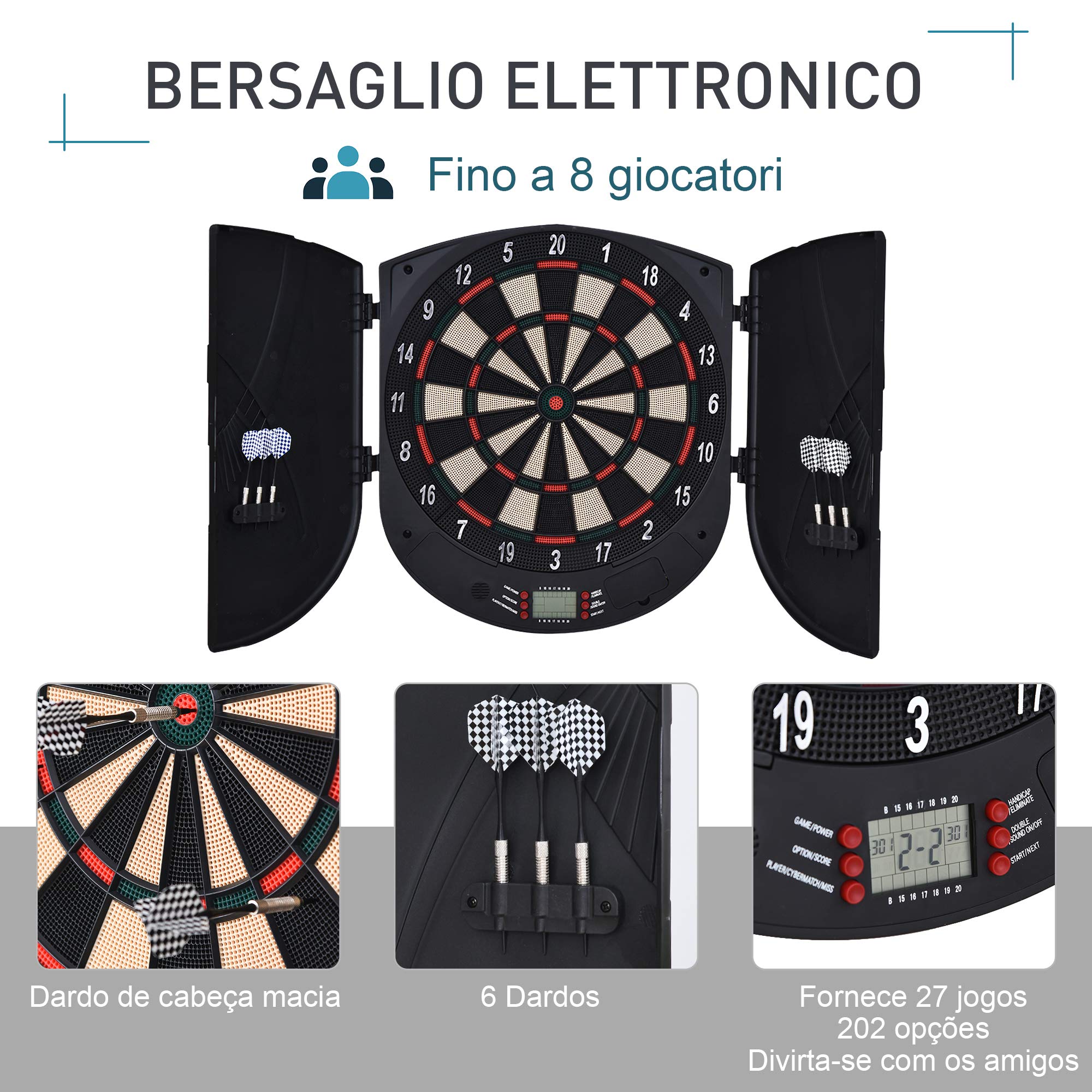 HOMCOM Bersaglio Freccette Elettronico 8 Giocatori 6 Freccette Schermo LCD 26 Modalità Gioco